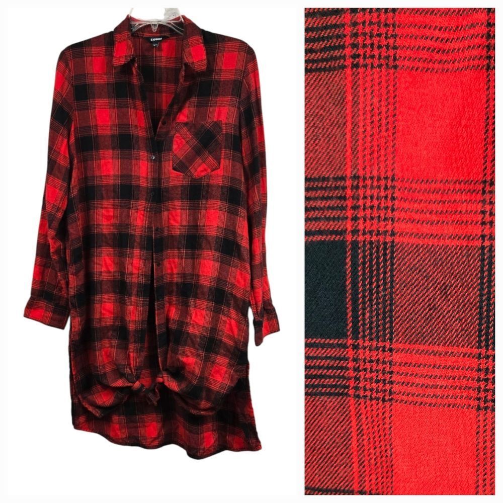 Express Red Black Plaid Flannel Long Sleeve Button-Up Tunic Shirt Women’s Small - Picture 2 of 11